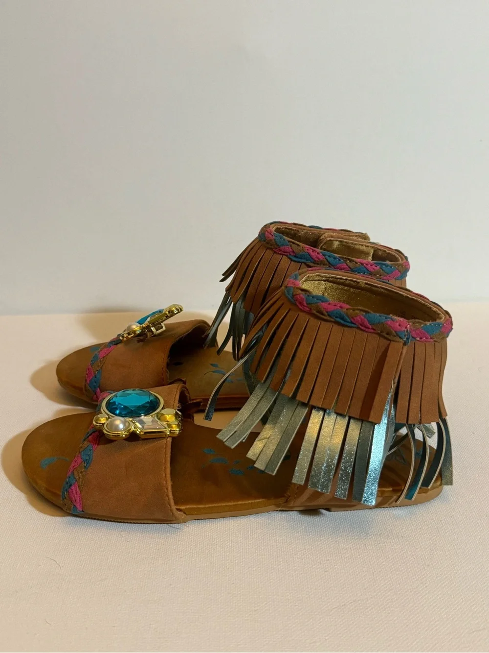 Disney‎ Pocahontas Fringe Flat Sandals Velcro Strap Brown/Blue 13
